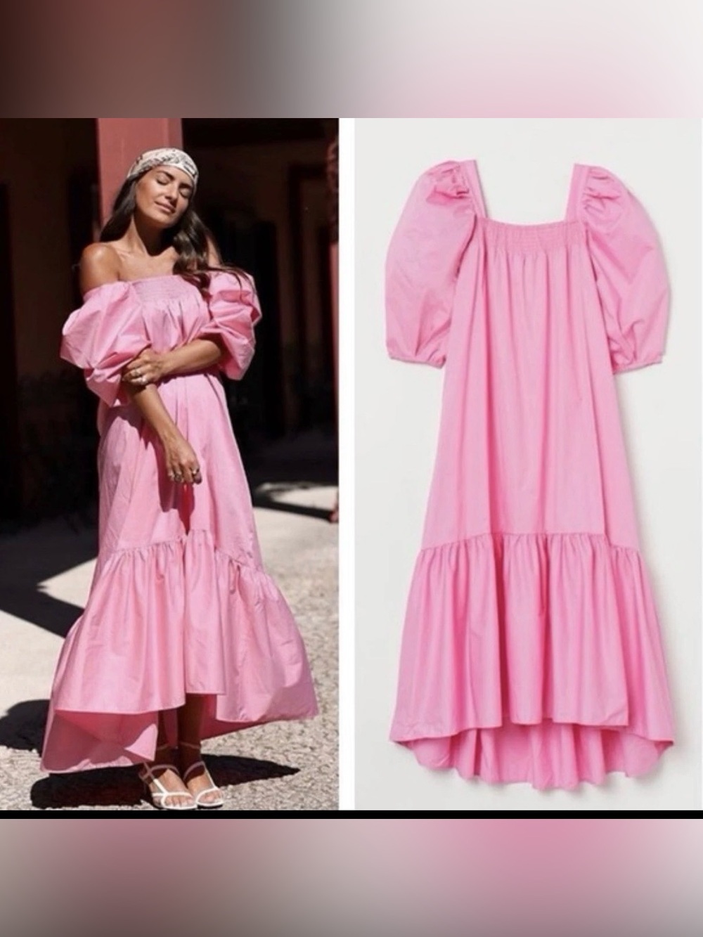 2 for $30 sale: H&M pink poplin midi dress square neckline puff sleeve